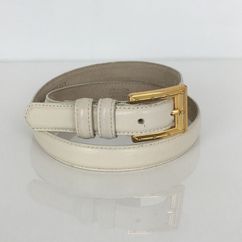 Vintage Liz Claiborne Ivory Colored Leather Belt Gold Tone Buckle Women’s Sz M